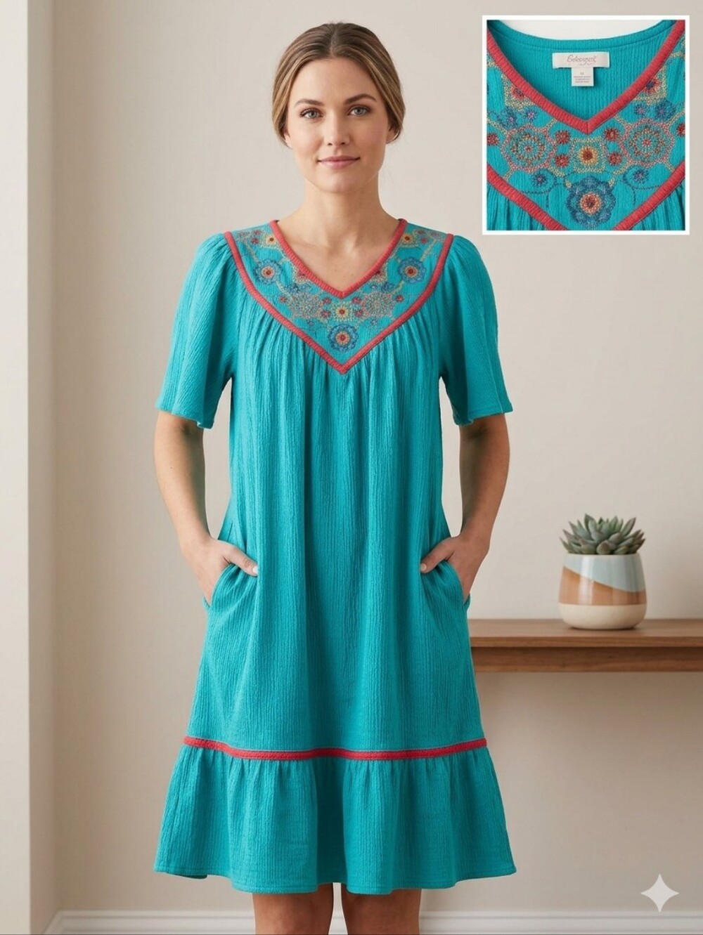 Go Softly Patio Dress Size S India V-neck Embroidered Floral 100% Cotton Flawed